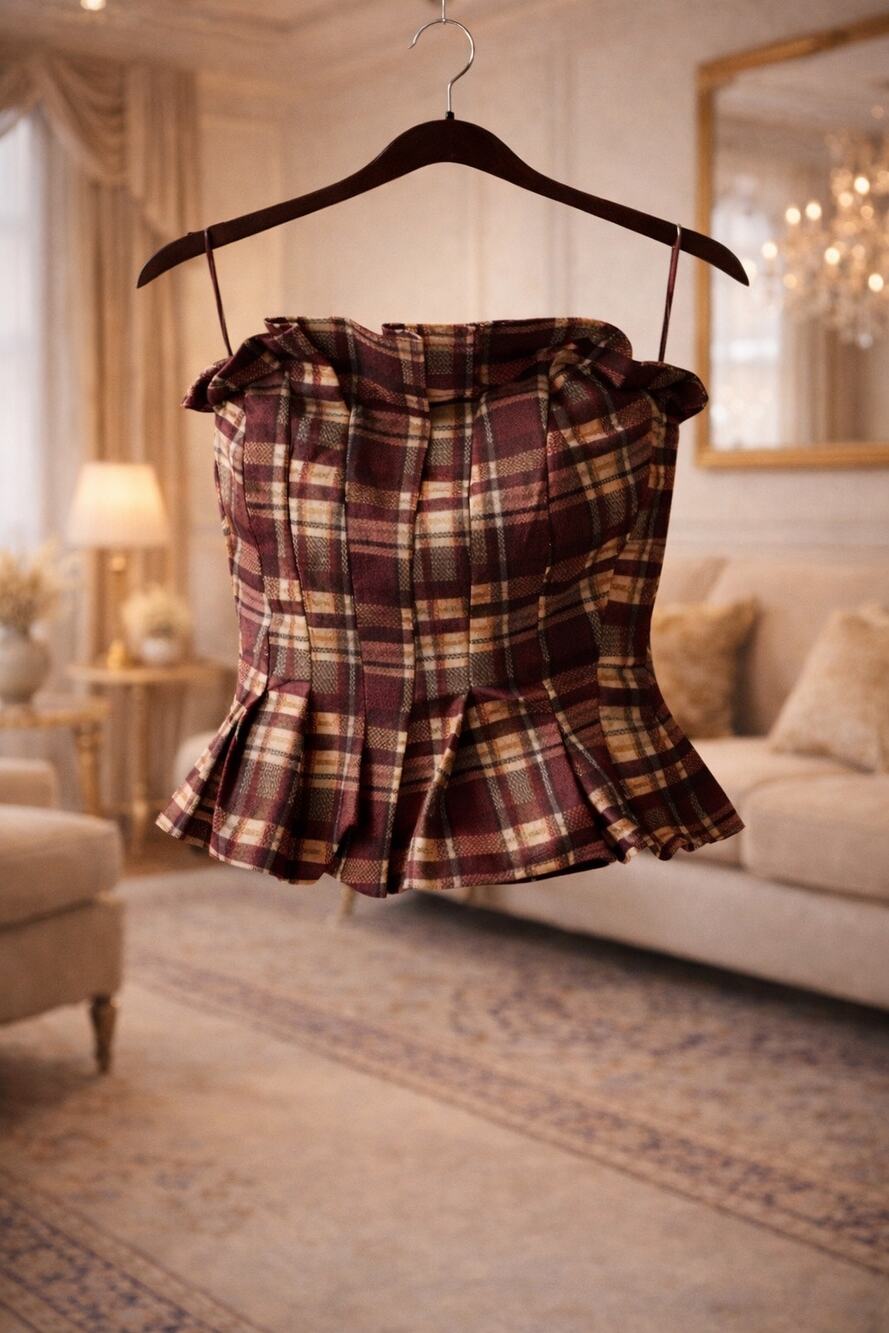 Anthropologie Porridge Plaid Peplum Bustier Top Boned Smocked L Coastal Cowgirl